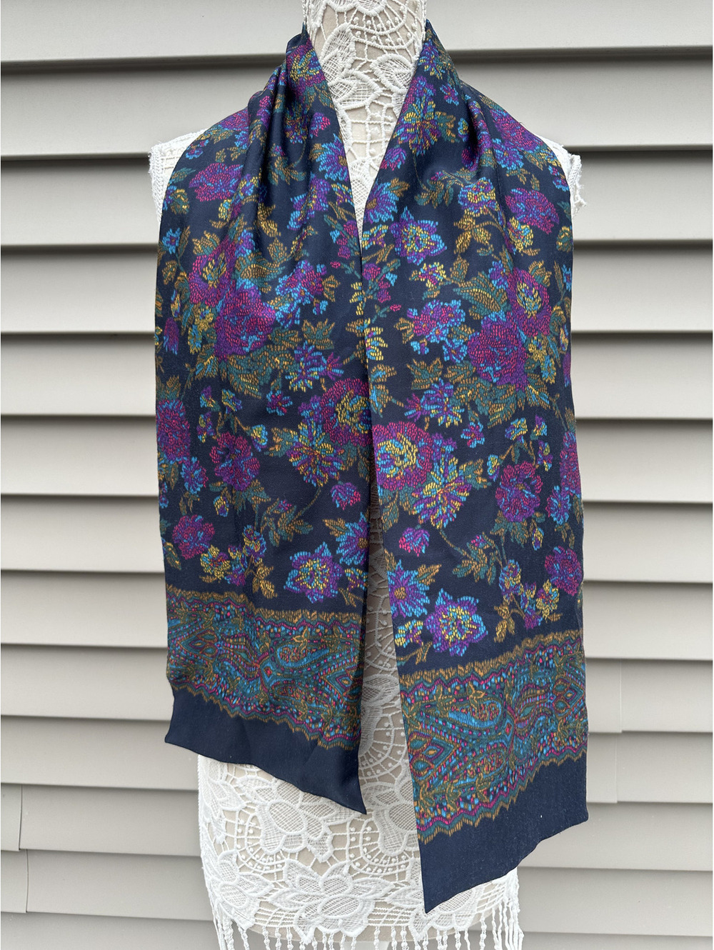 Floral Paisley Scarf Wrap Navy Purple Blue Green Vintage Bohemian